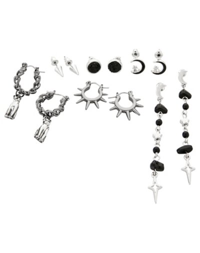 Multi-Pack Silver and Black Spiked Celestial Earrings - 6 Pack