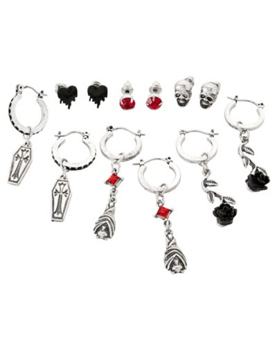 Multi-Pack CZ Coffin and Rose Hoop and Stud Earrings - 6 Pack