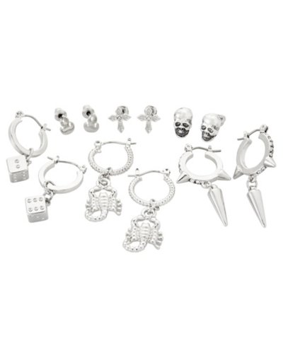 Multi-Pack Silver Skull Scorpion and Dice Stud and Huggie Hoop Earring