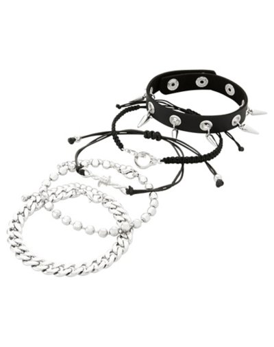 Multi-Pack Silver and Black Spike Chain Bracelets - 5 Pack