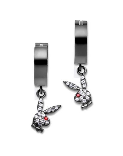 CZ Playboy Bunny Gem Titanium Huggie Hoop Dangle Earrings - 18 Gauge