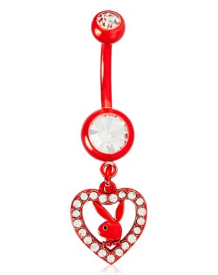 "CZ Red Playboy Bunny Titanium Heart Dangle Belly Ring - 14 Gauge"