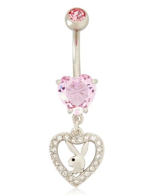 "Pink Playboy Bunny Titanium Heart Dangle Belly Ring - 14 Gauge"