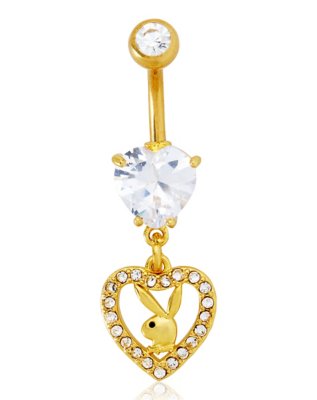 "Goldtone CZ Playboy Bunny Titanium Heart Dangle Belly Ring - 14 Gauge"