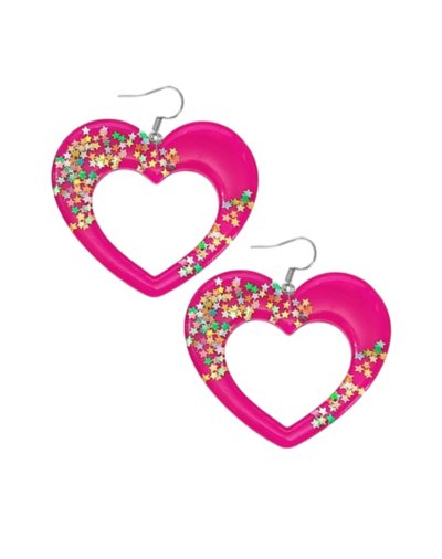 Pink Acrylic Glitter Heart Dangle Earrings