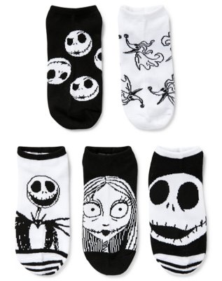 "Multi-Pack Black and White Jack and Sally No Show Socks 5 Pack - The N"
