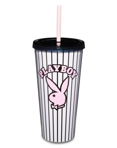 "Playboy Bunny Pinstripe Cup with Straw - 20 oz."