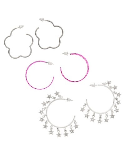 Multi-Pack Pink and Silver Flower Heart Hoop Earrings - 3 Pack