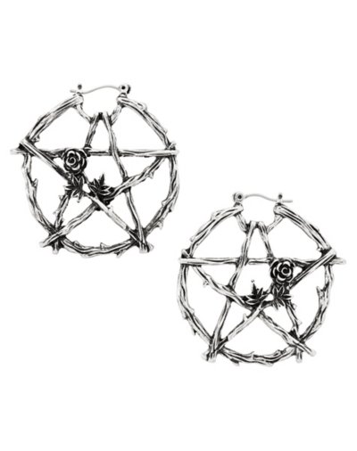 Silvertone Pentagram Rose Hoop Earrings