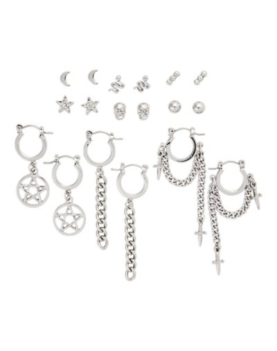 Multi-Pack Pentagram Chain Dangle Hoop & Stud Earrings - 9 Pack