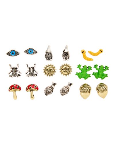 Multi-Pack Snail Acorn Frog Mushroom Sun Stud Earrings - 9 Pair