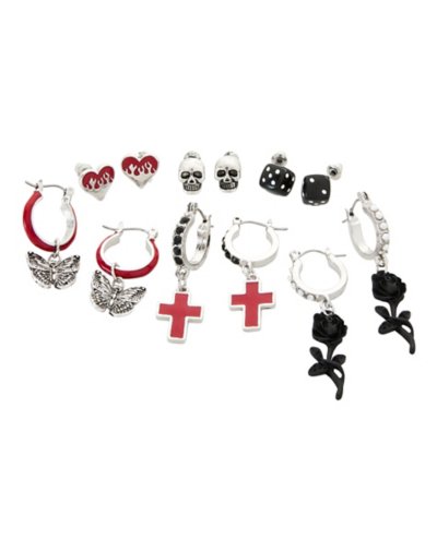 Multi-Pack CZ Moth Cross Rose Heart Skull Dice Earrings - 6 Pair