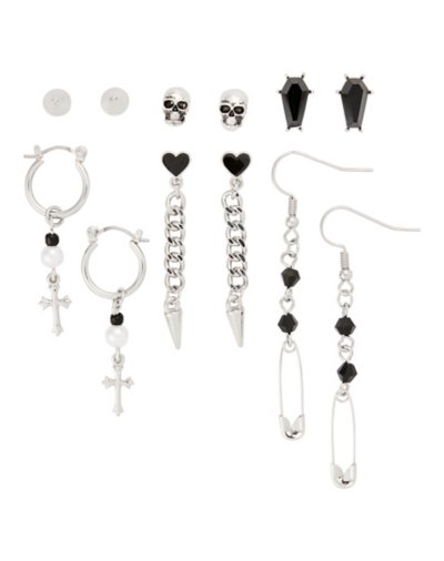 Multi-Pack Skull Coffin Cross Safety Pin Earrings - 6 Pair