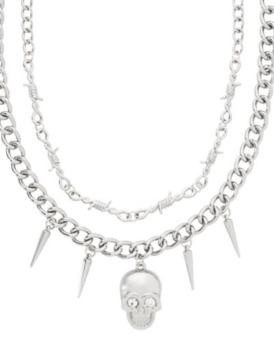 Dual Row CZ Skull Spike Necklace