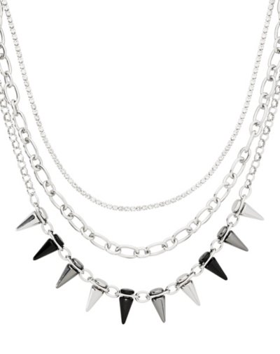 Triple Row Silvertone Spike Chain Necklace