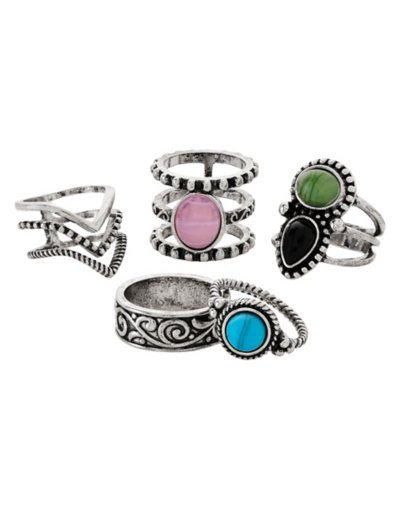 Multi-Pack Silvertone Pink Green Black Blue Stone Rings - 5 Pack