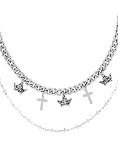 Silvertone Double Row Angel Cross Choker Necklace