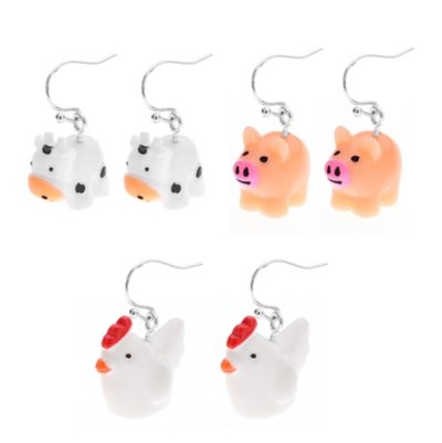 Multi-Pack Cow Pig Chicken Farm Animal Dangle Earrings - 3 Pair