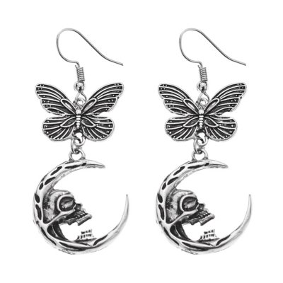 Moth Skull Moon Dangle Earrings