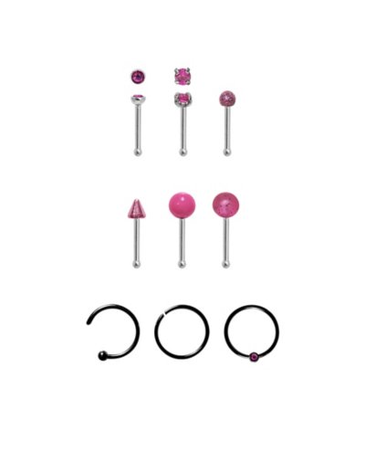 "Multi-Pack CZ Pink Nose Pins and Hoop and Half Hoop Nose Rings 9 Pack"