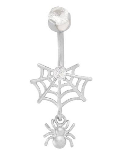 CZ Silvertone Spider Web Dangle Belly Ring - 14 Gauge