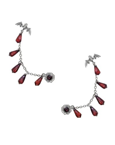 CZ Red and Black Bat Dangle Ear Cuffs