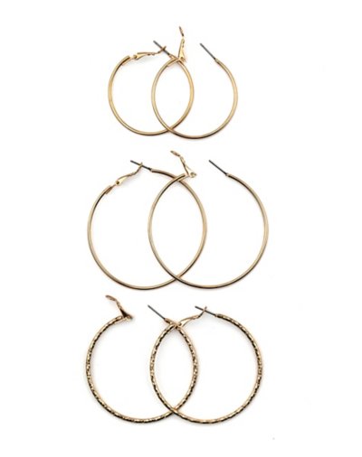 Goldtone Large Textured and Thin Hoop Earrings - 3 Pair