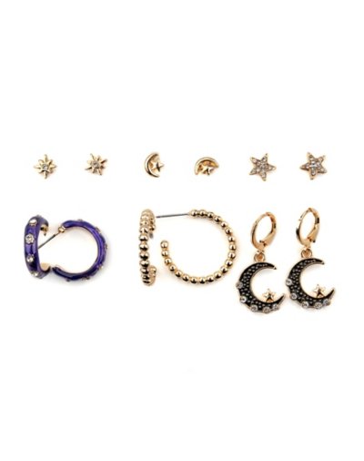 Multi-Pack CZ Star Moon Hoop and Stud Earrings - 6 Pair