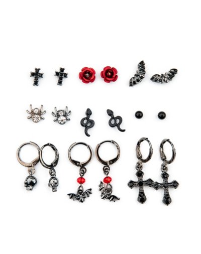 Multi-Pack Cross Bat Spider Snake Earrings - 9 Pair