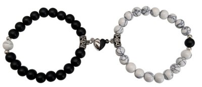 Black and White Marble Magnetic Long Distance Beaded Bracelets - 2 Pac