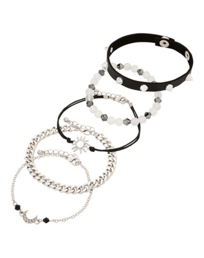 Multi-Pack Silvertone and Black Spike and Celestial Bracelets - 5 Pack