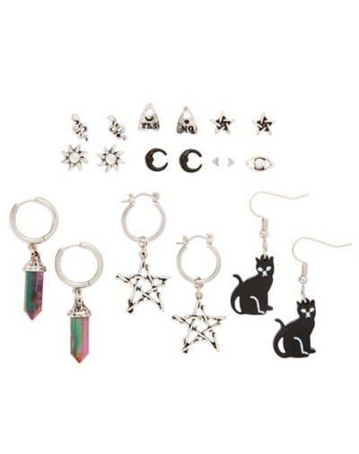 Multi-Pack Snake Black Cat Sun Moon Earrings - 9 Pair