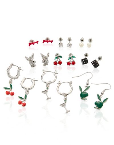 Multi-Pack CZ Playboy Cherry Huggie Hoop and Stud Earrings - 9 Pack