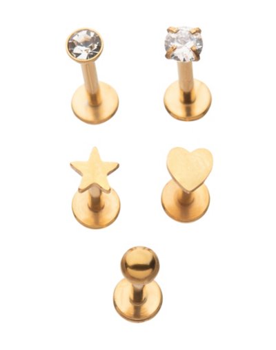 "Multi-Pack Goldtone CZ Star Heart Labret Lip Rings 5 Pack - 16 Gauge"