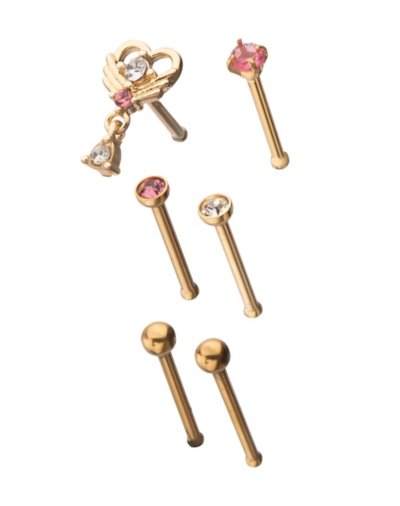 "Multi-Pack Pink CZ Goldtone Heart Angel Wings Pin Nose Rings 6 Pack -"