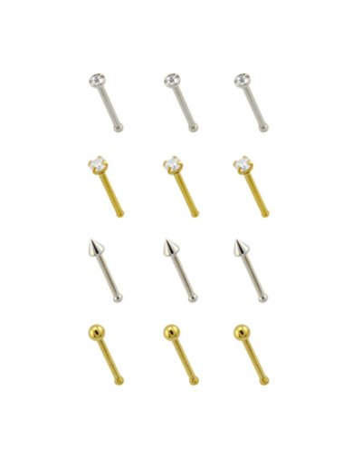 "Multi-Pack Goldtone and Silvertone Spike Nose Pins 12 Pack - 20 Gauge"