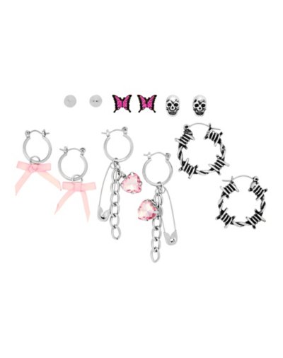 Multi-Pack Pink Dangle Bows and Heart Safety Pin Dangle and Stud Earri