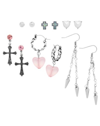 Multi-Pack Cross Heart Pearl-Effect Earrings - 6 Pair