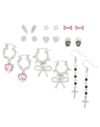 Edgy Coquette Dangle and Stud Earrings - 9 Pairs