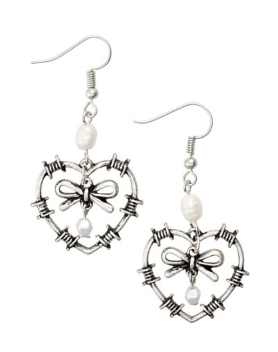 Barbed Wire Heart Bow Dangle Earrings