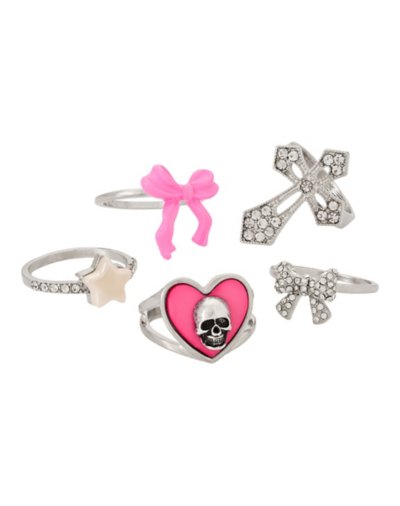 Multi-Pack Hot Pink Skull Heart Bow and Star Rings - 5 Pack