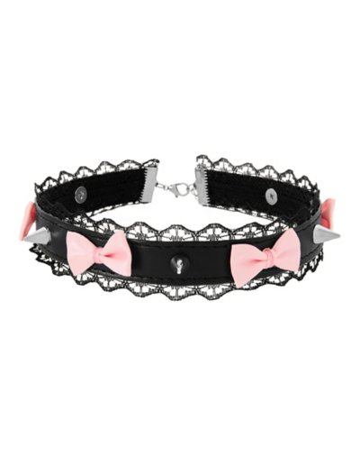 Black Lace Bow Spiked Choker Necklace