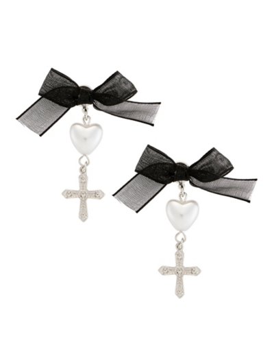 Black Bow Pearl Heart Cross Dangle Earrings