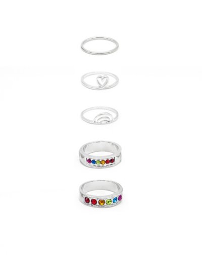 Multi-Pack CZ Rainbow Heart and Silvertone Rings - 5 Pack