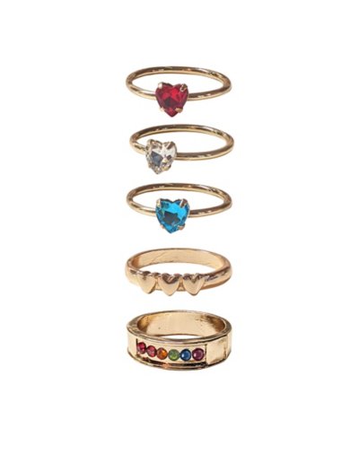 Multi-Pack Goldtone and Rainbow Hearts Rings - 5 Pack