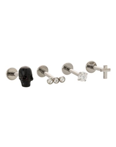 "Multi-Pack CZ Titanium Black Skull and Cross Labret Lip Rings 4 Pack -"