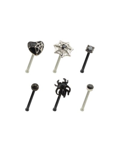 "Multi-Pack CZ Black and Silvertone Heart and Spider Web Pin Nose Rings"