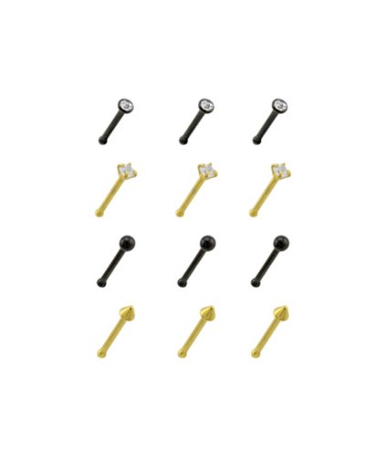 "Multi-Pack CZ Black and Goldtone Prong and Spike Pin Nose Rings 12 Pac"