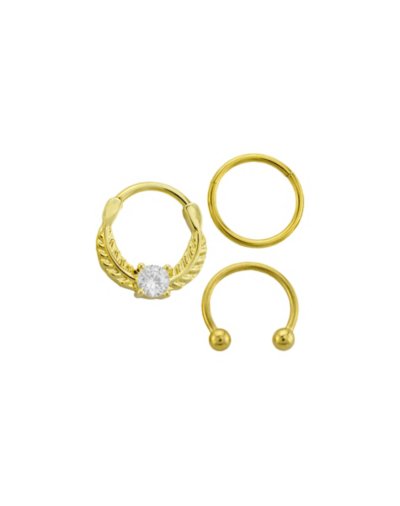 "Multi-Pack CZ Goldtone Horseshoe and Hinged Hoop Nose Rings 3 Pack - 1"