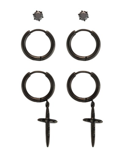 Multi-Pack CZ Black Cross Huggie Hoop and Stud Earrings - 3 Pack